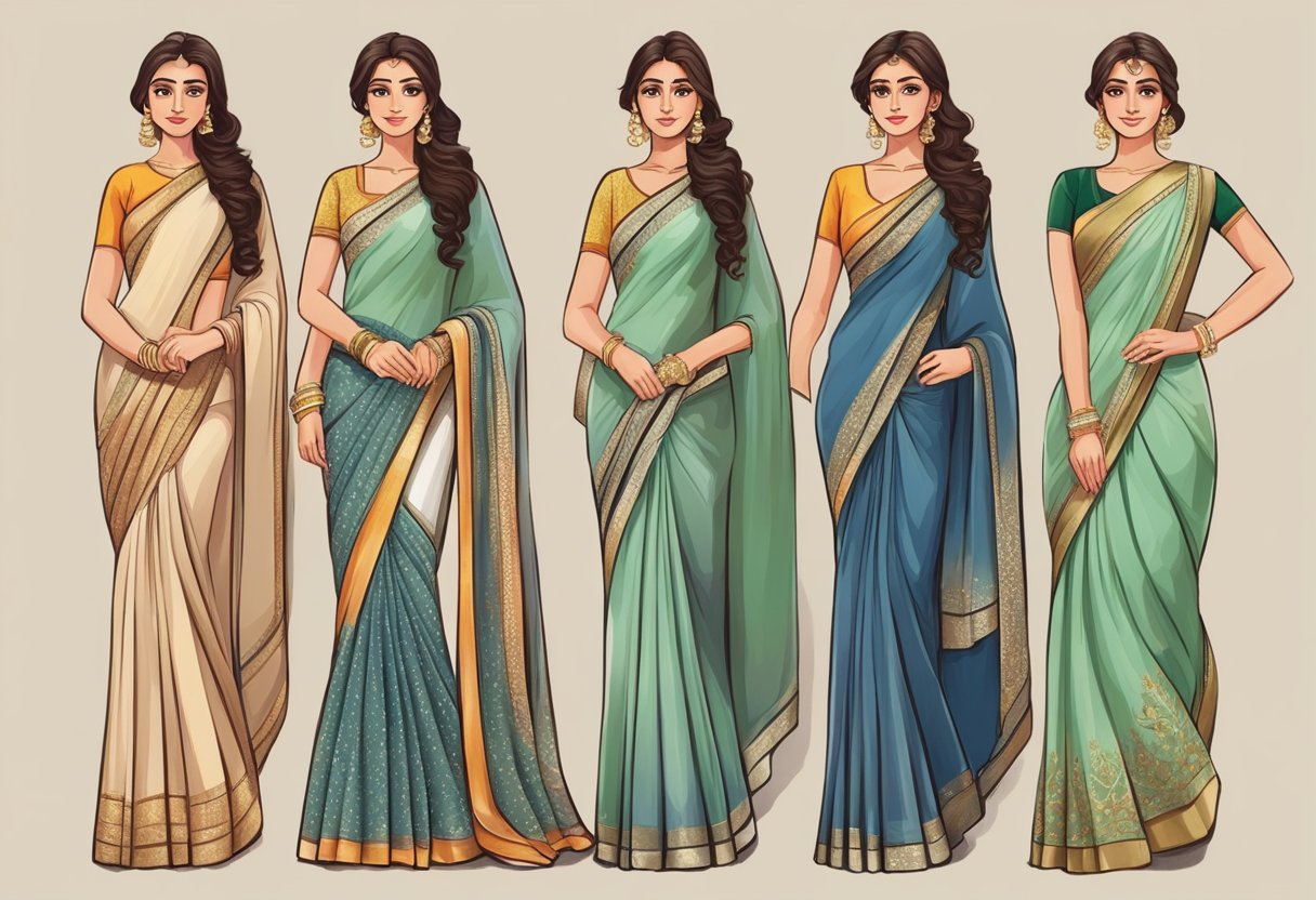 A woman carefully selects a flowing fabric in a flattering color, draping it to create a slimming effect in a saree