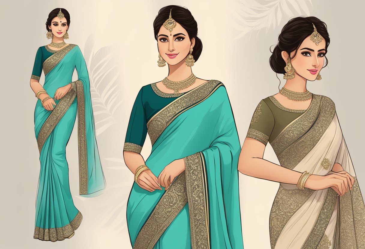 A slimming saree design featuring elegant accessories and a flattering blouse, perfect for those with a fuller figure