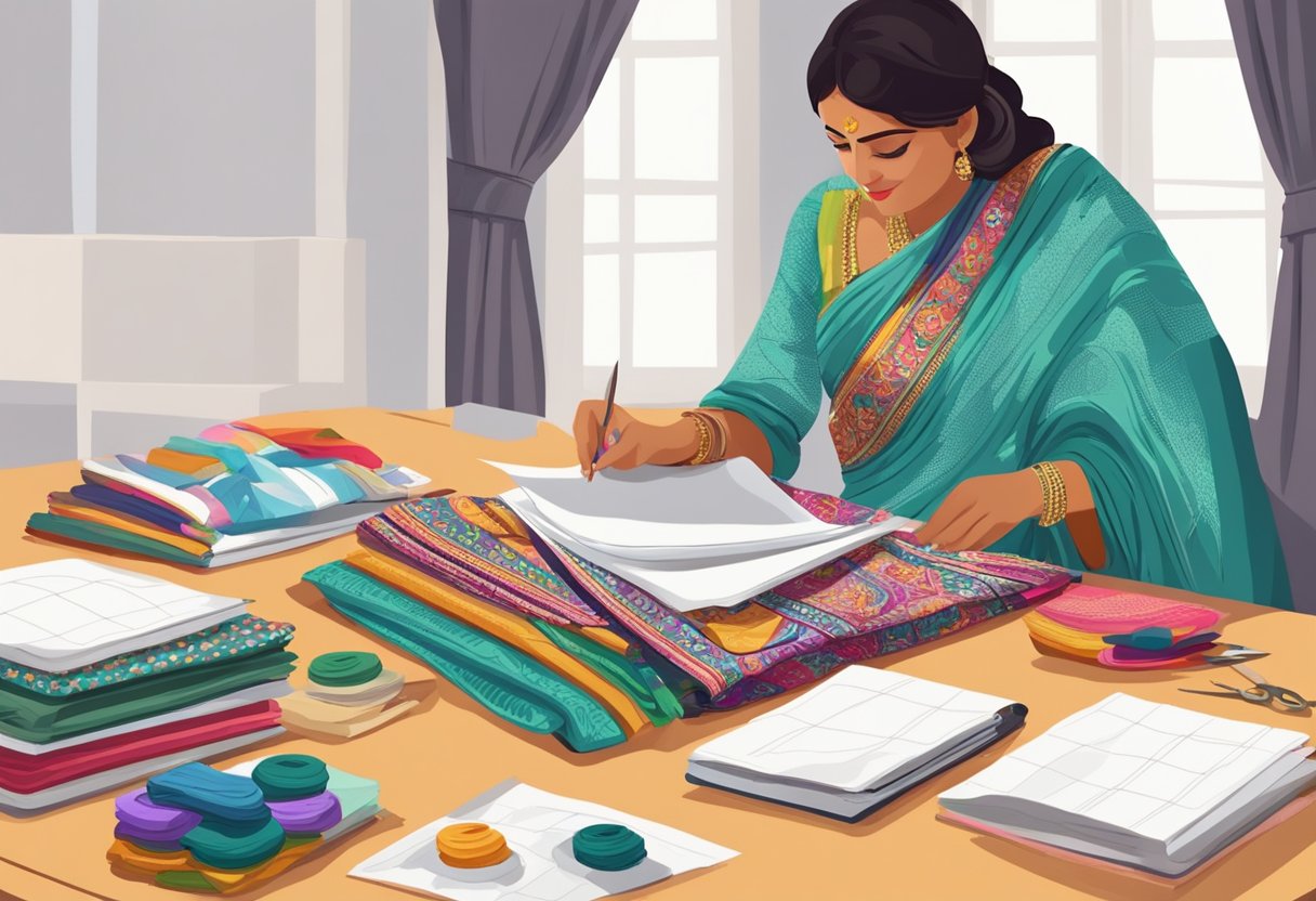 A pile of colorful, patterned sarees arranged on a table, scissors and sewing materials nearby. A designer sketches new dress designs on a notepad