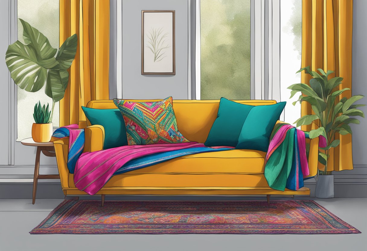 A modern living room with a colorful, upcycled saree draped over a sleek chair, and a matching throw pillow made from the same fabric