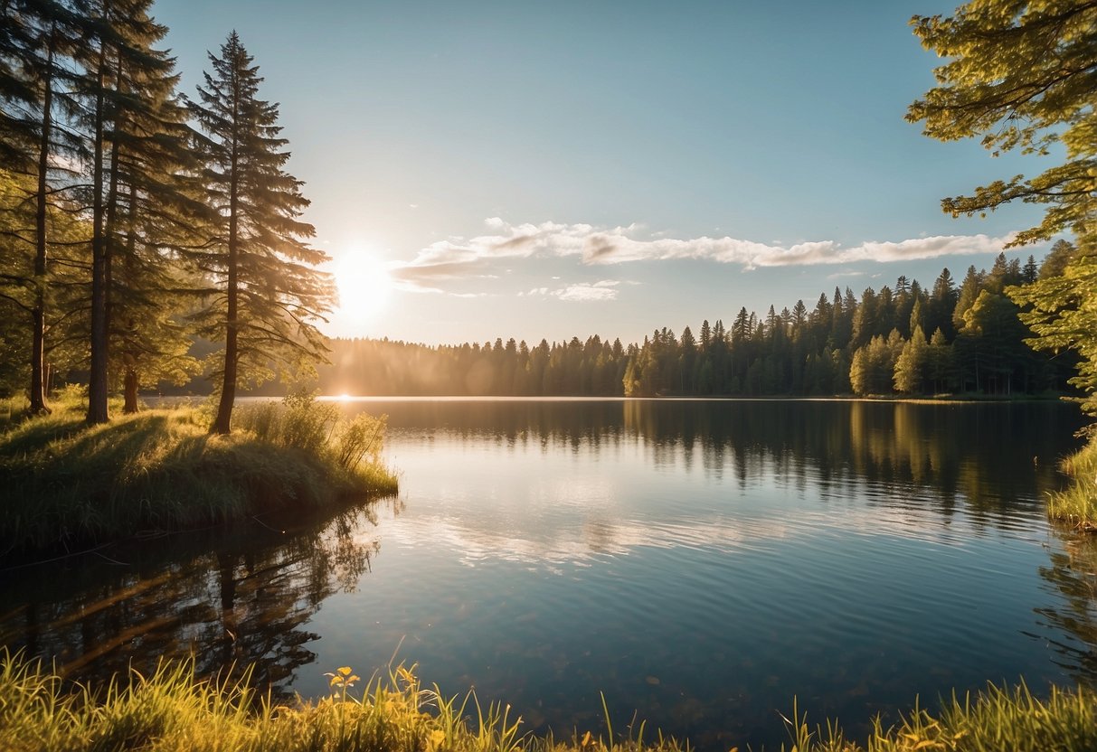 A serene setting with a calm lake, tall trees, and a bright sun, symbolizing growth and transformation for life coaching illustration