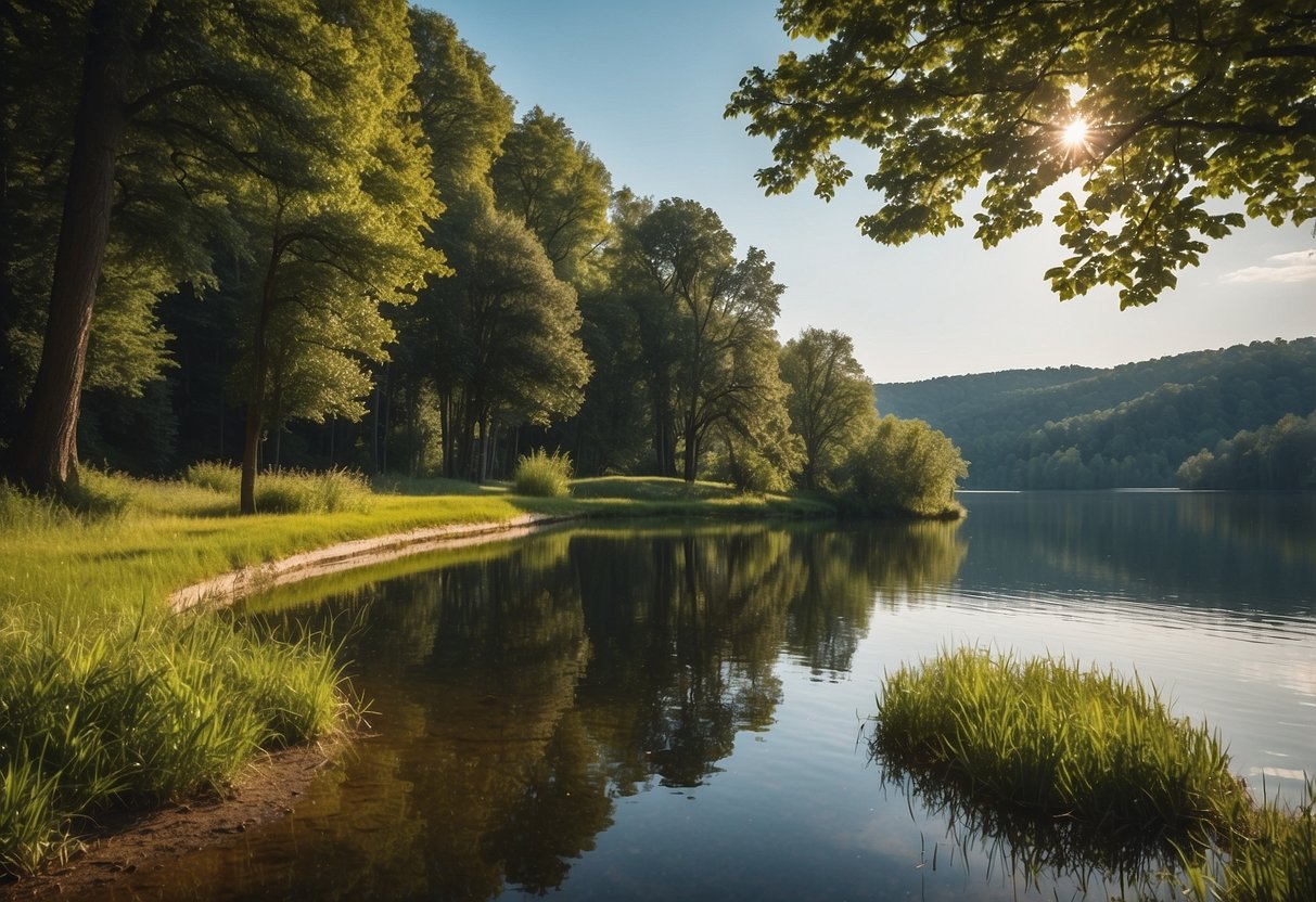 A serene setting with a peaceful lake, surrounded by lush greenery and a clear blue sky, symbolizing the tranquility and growth of life coaching