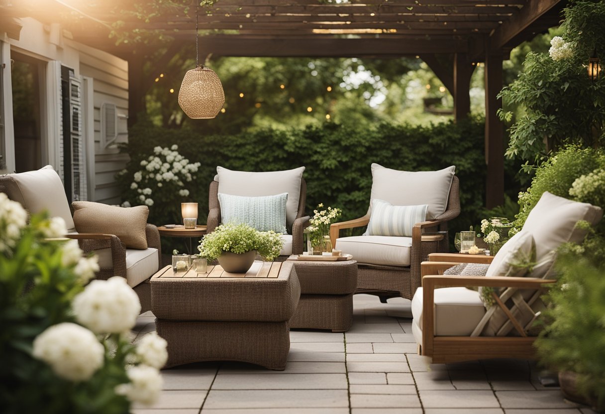 A cozy outdoor living space with comfortable furniture, surrounded by lush greenery and blooming flowers, creating a serene and inviting atmosphere for relaxation and enjoyment