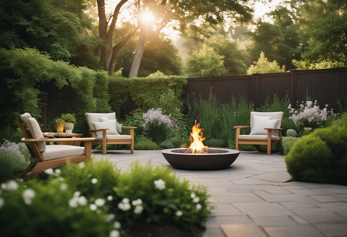 A tranquil backyard with comfortable outdoor furniture arranged around a fire pit, surrounded by lush greenery and blooming flowers