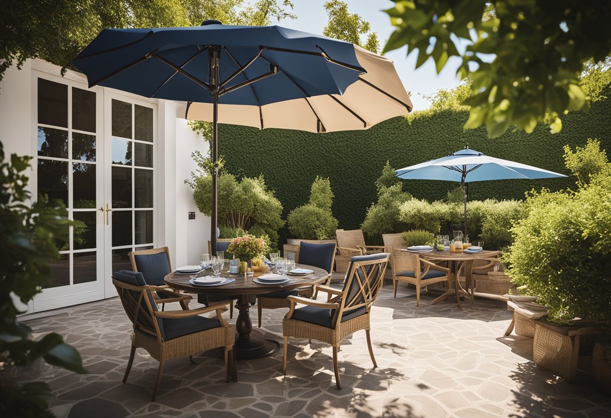 A cozy outdoor patio with comfortable chairs, a table for drinks, and a shaded umbrella. Surrounding greenery and a clear blue sky create a peaceful and relaxing atmosphere