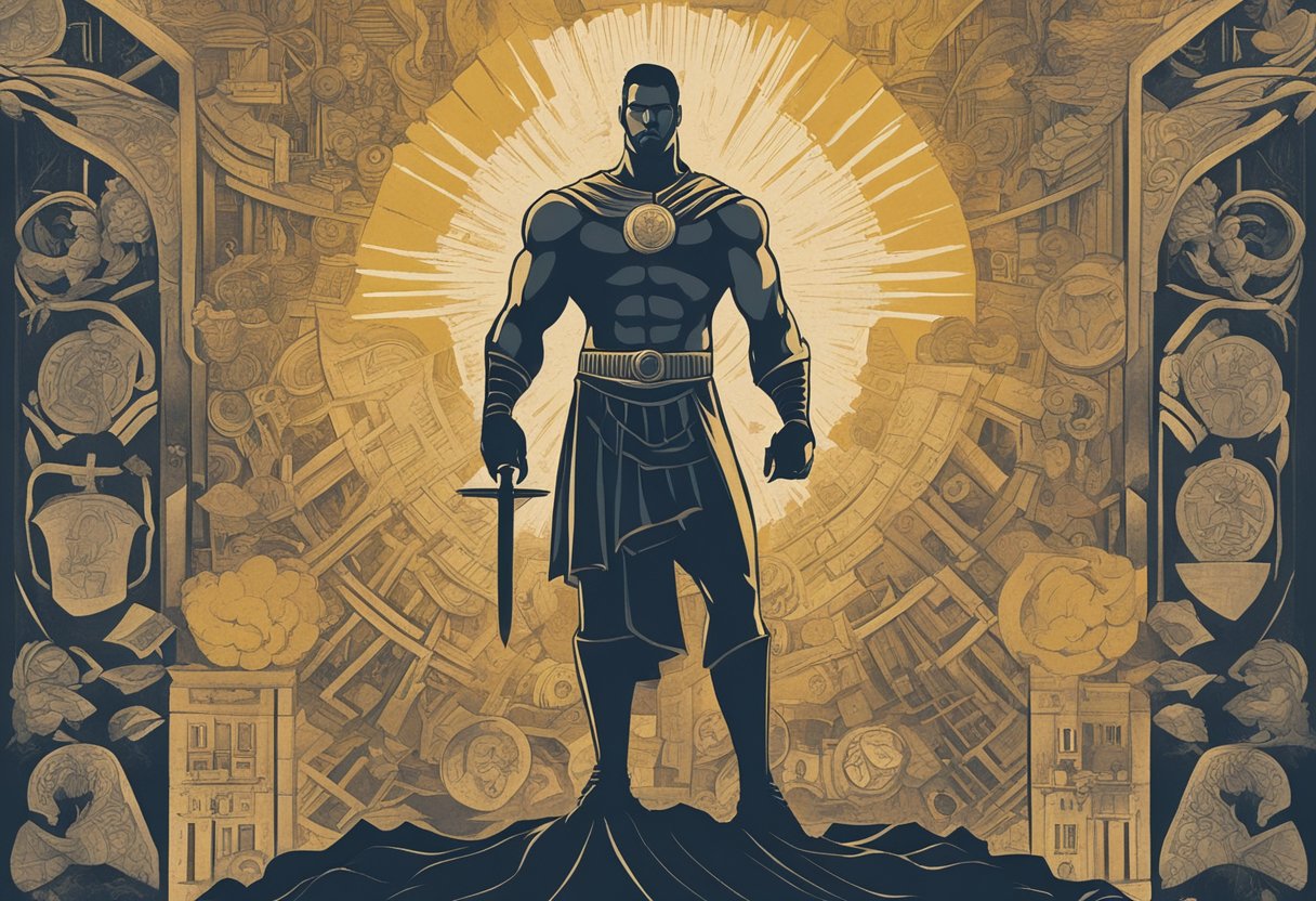 A strong figure standing tall, with a determined look on his face, surrounded by symbols of strength and resilience