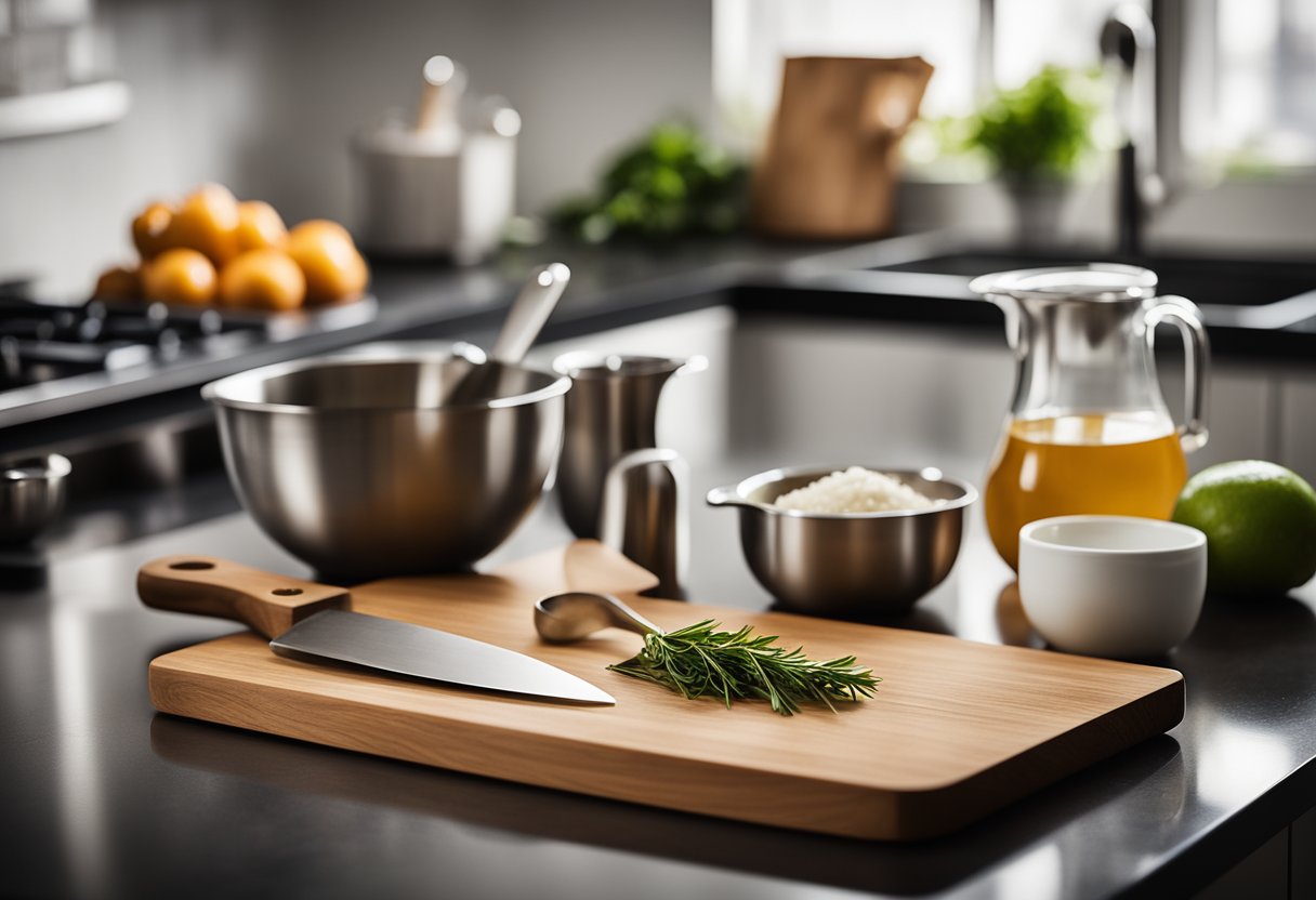 A cutting board, chef's knife, mixing bowls, measuring cups, and a whisk arranged neatly on a clean kitchen counter