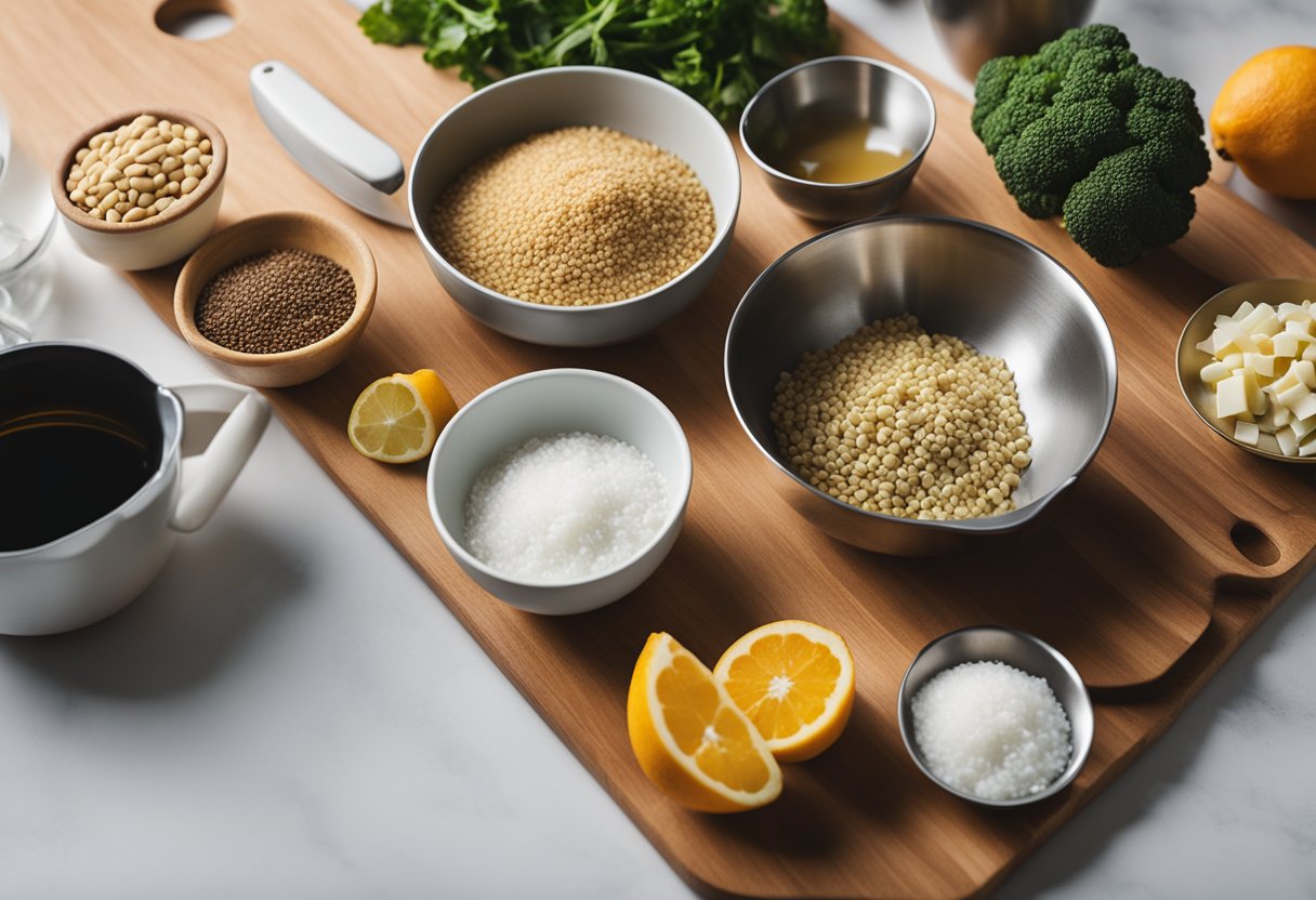 A cutting board, knife, mixing bowl, and measuring cups arranged on a countertop