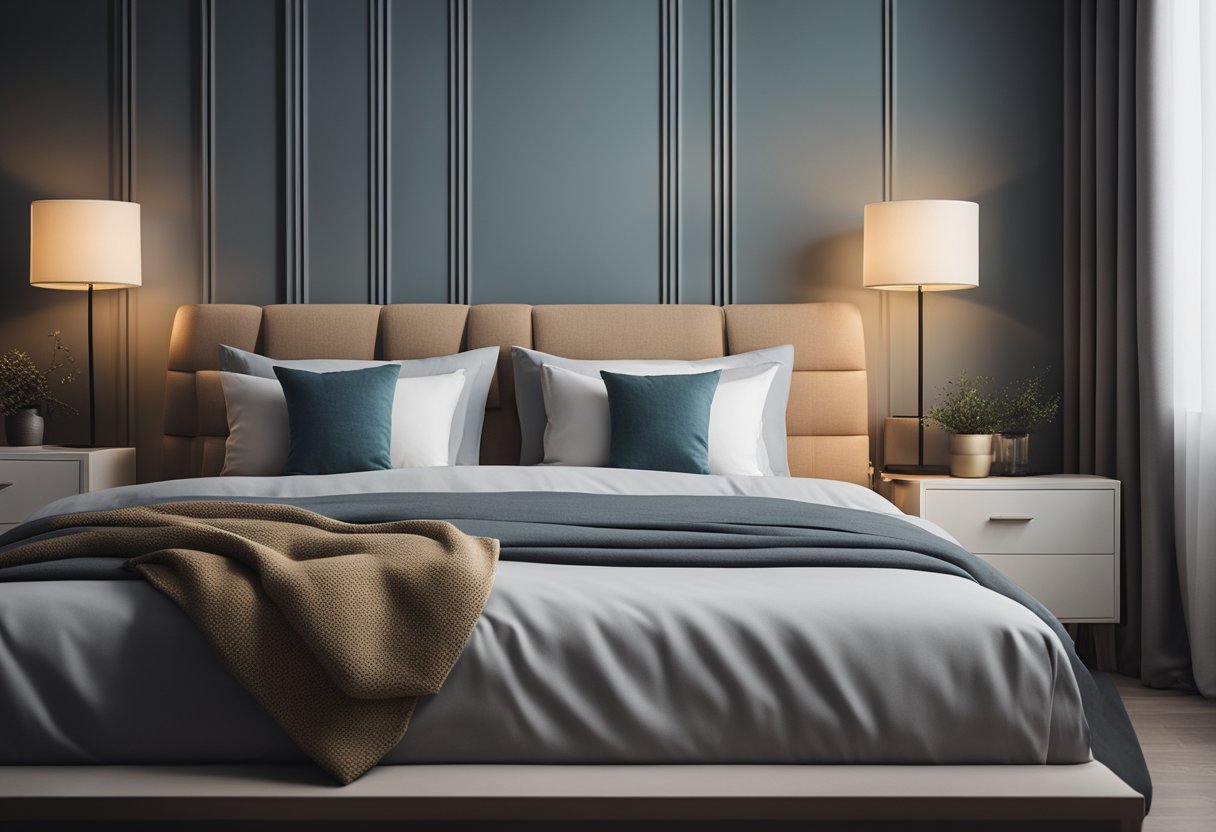 A neatly made bed with soft, inviting pillows. A clutter-free nightstand with a dim lamp. Calming colors and minimal decor