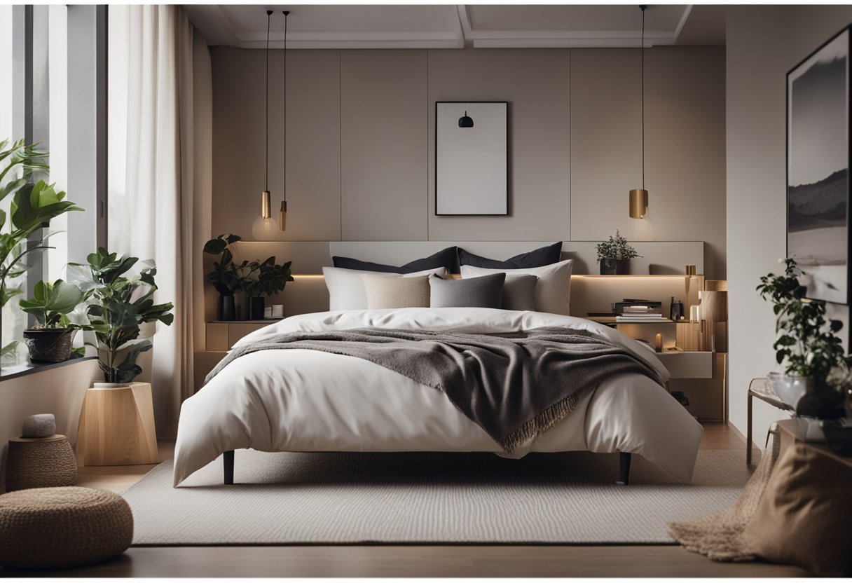 A tidy bedroom with soft, dim lighting. A comfortable bed with cozy bedding. A clutter-free space with calming decor and soothing colors