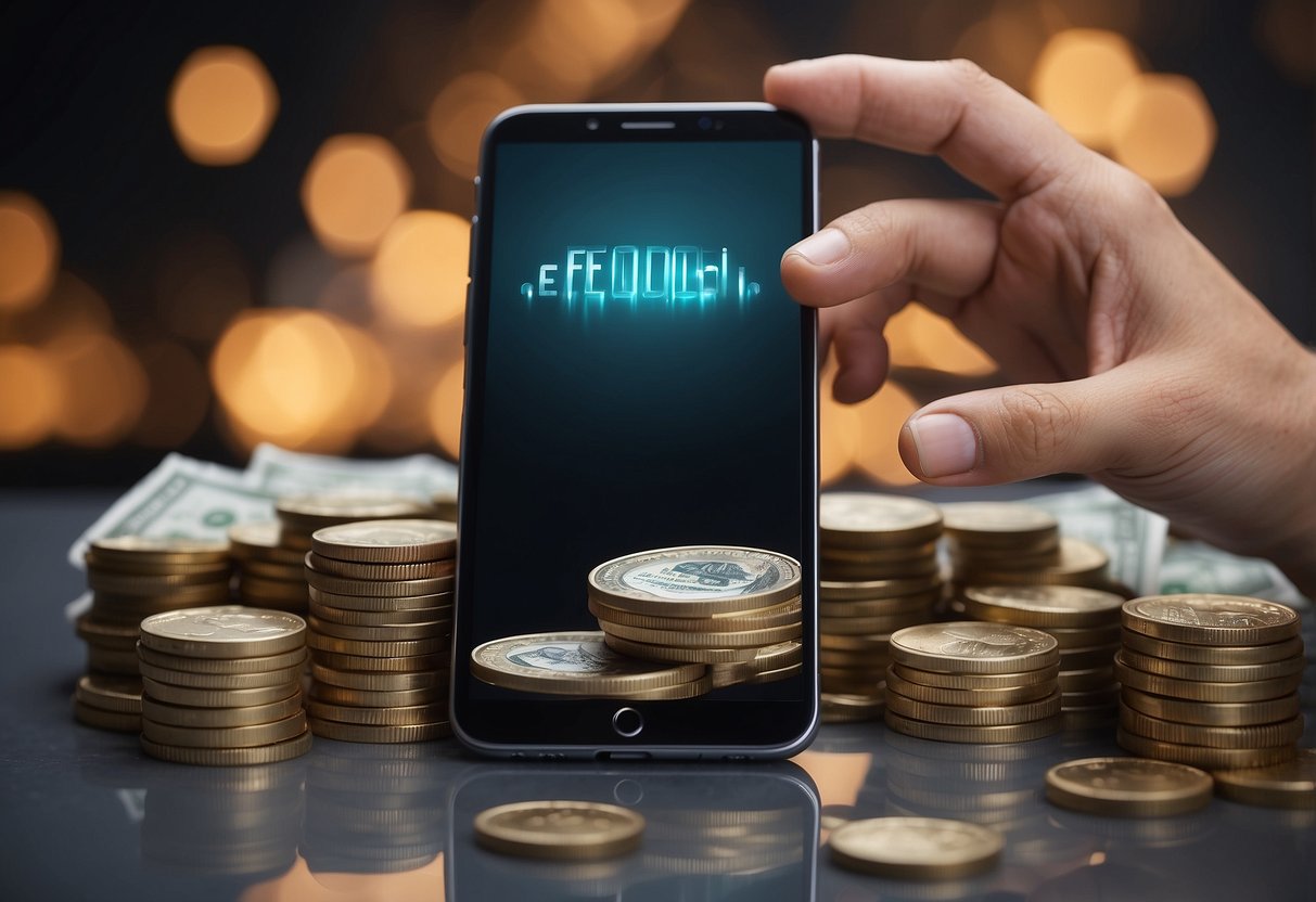 A smartphone with a lock icon and a pile of money next to it. A hand reaching out to unlock the phone