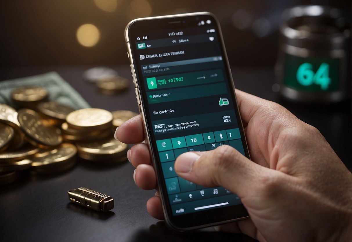 A hand swiping right on a smartphone screen with "financial goals" and "get paid" displayed, surrounded by money symbols and a lock icon