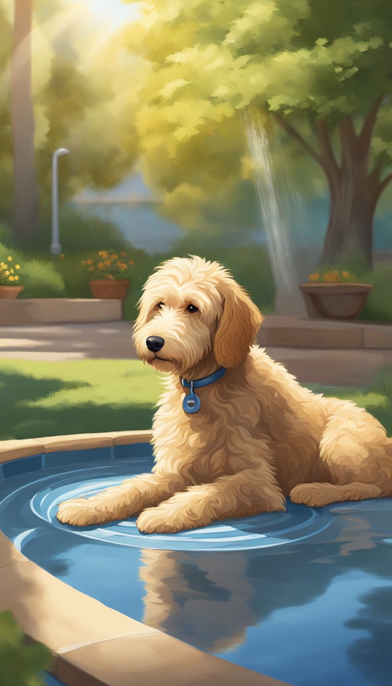 A Goldendoodle lounges in the shade with a bowl of water nearby. The sun shines brightly, but the dog is protected from the heat. A cool breeze blows through the scene