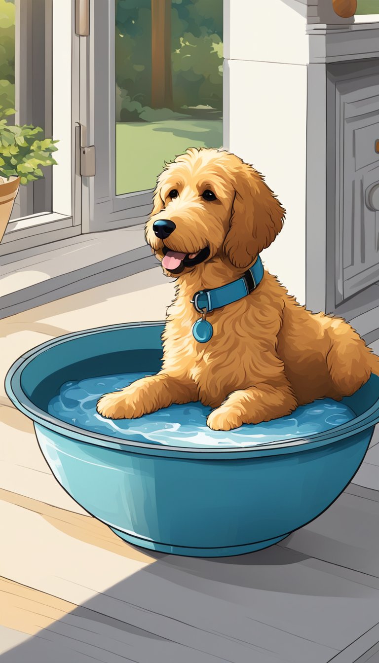 Water bowls filled, goldendoodle panting, sun beating down. Shade nearby, cool floor. Safety tips posted
