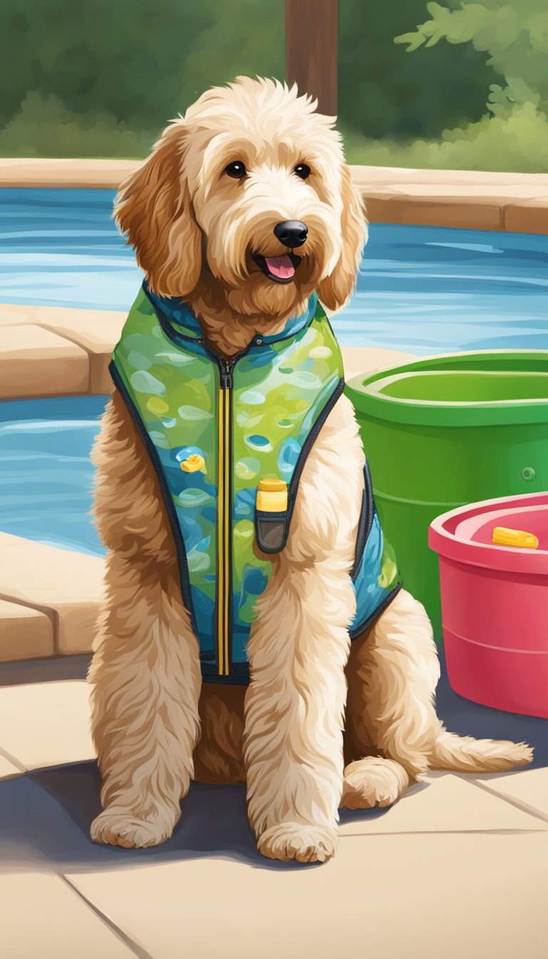 A Goldendoodle wearing a cooling vest, staying in the shade, with access to fresh water and a kiddie pool to stay cool