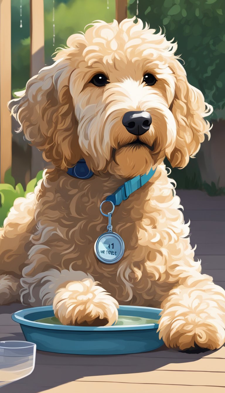 A Goldendoodle rests in the shade, water bowl nearby. Sun is high, heat shimmering. Owner reads "11 Tips for Keeping Your Goldendoodle Safe in Hot Weather."