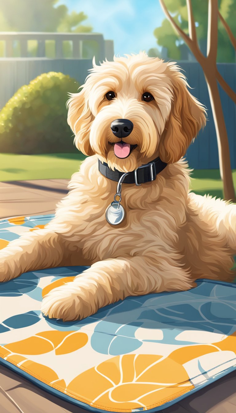 A golden doodle dog laying on a cooling mat in a shaded area, with a water bowl nearby. Sun shining, but the dog is safe and comfortable