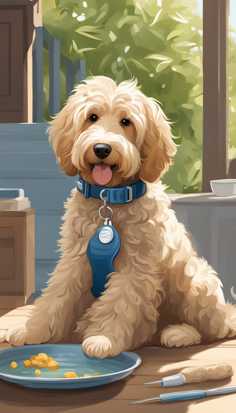 A Goldendoodle lies in the shade, its fur being carefully trimmed to keep it cool in hot weather. Water and a bowl are nearby