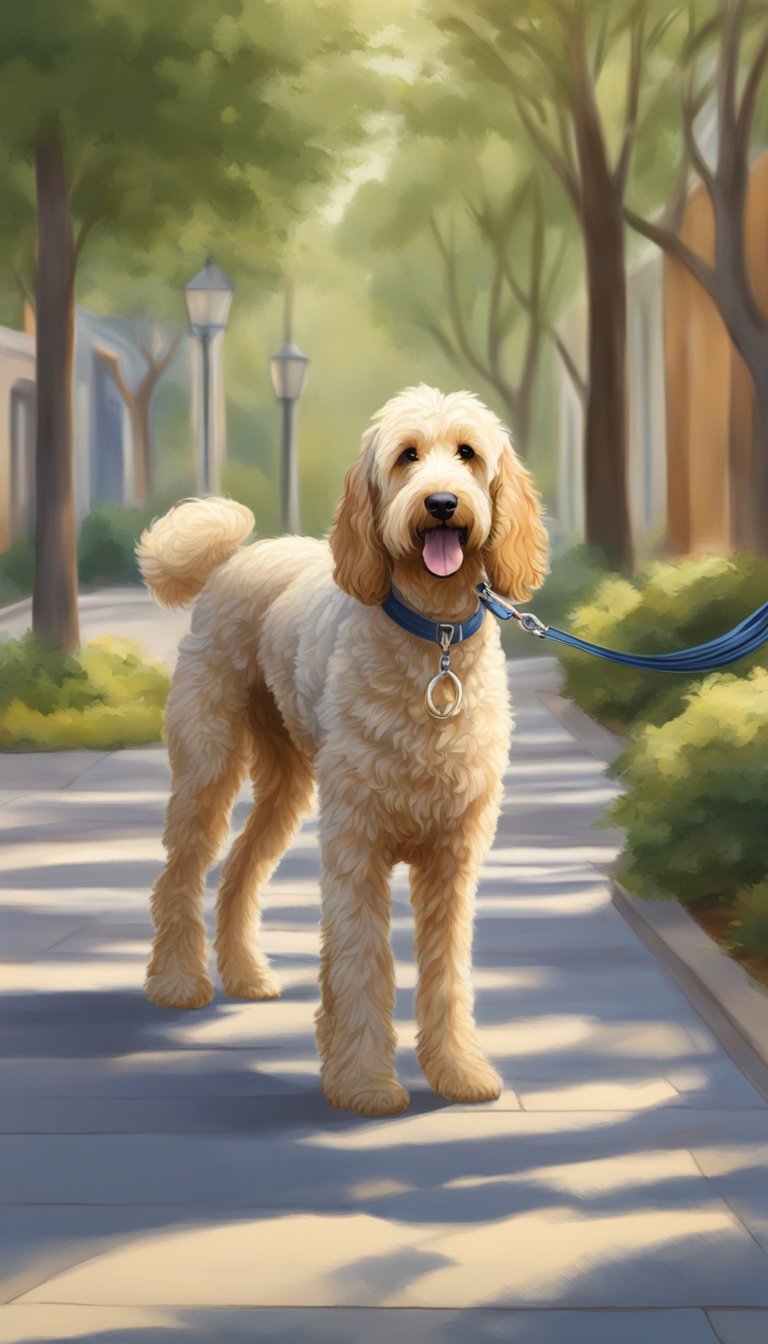 A Goldendoodle wearing booties walks on hot pavement, shaded by a tree. Water bowl nearby. Sunscreen on nose. Owner holds leash