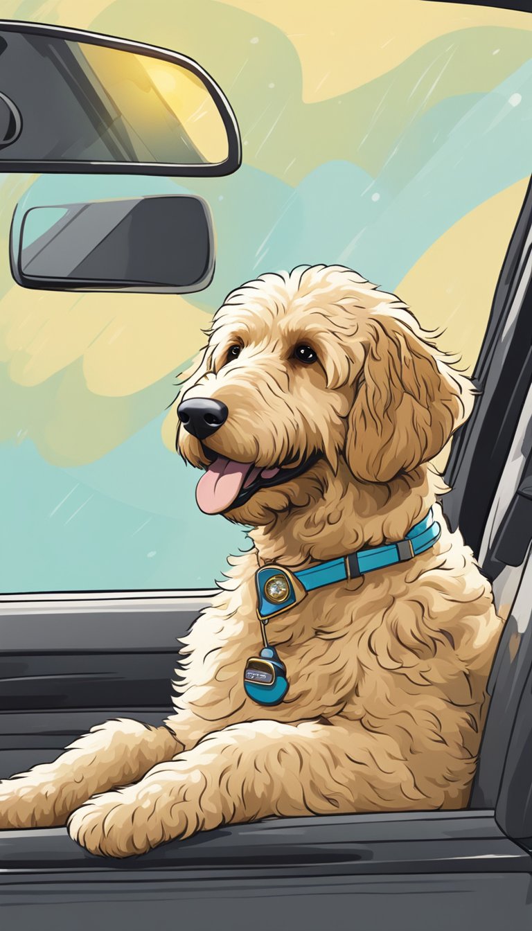 A Goldendoodle sits panting in a hot car, with windows closed. Sun beats down on the vehicle. Warning signs and tips for keeping pets safe in hot weather surround the scene