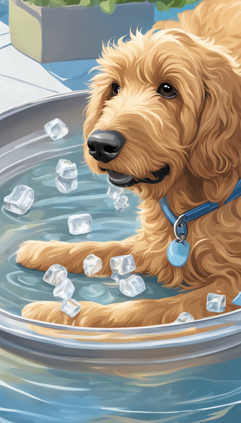 Ice cubes dropped into a water bowl for a Goldendoodle on a hot day