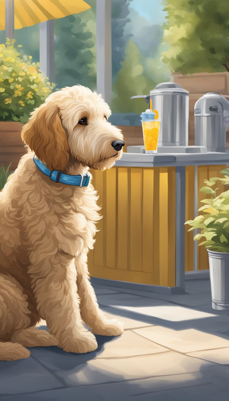 A golden doodle dog eagerly waits for frozen treats on a hot day, with water and shade nearby. 11 safety tips are displayed in the background