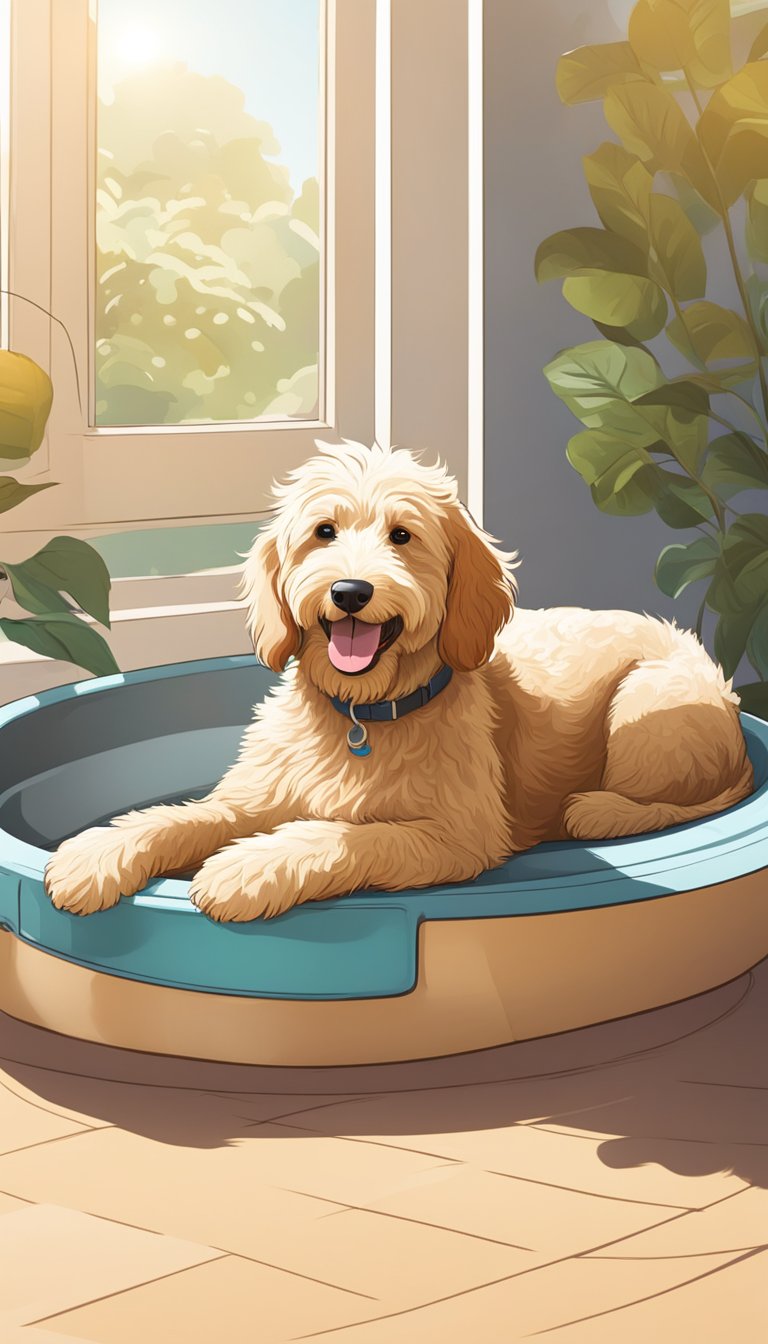 A golden doodle lies panting in the shade, water bowl nearby. Heatstroke signs listed on a nearby monitor. Sun beats down