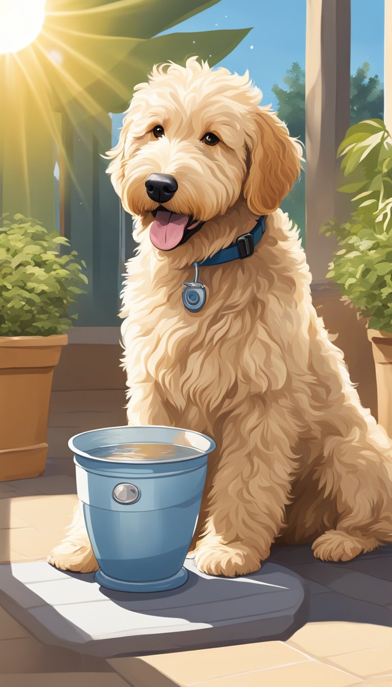 A golden doodle lying in the shade with a full water bowl nearby, panting with a sun in the background