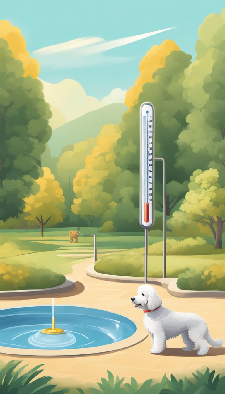 A sunny park with a goldendoodle walking on a leash, water bowl nearby, shaded area, and a thermometer displaying high temperature