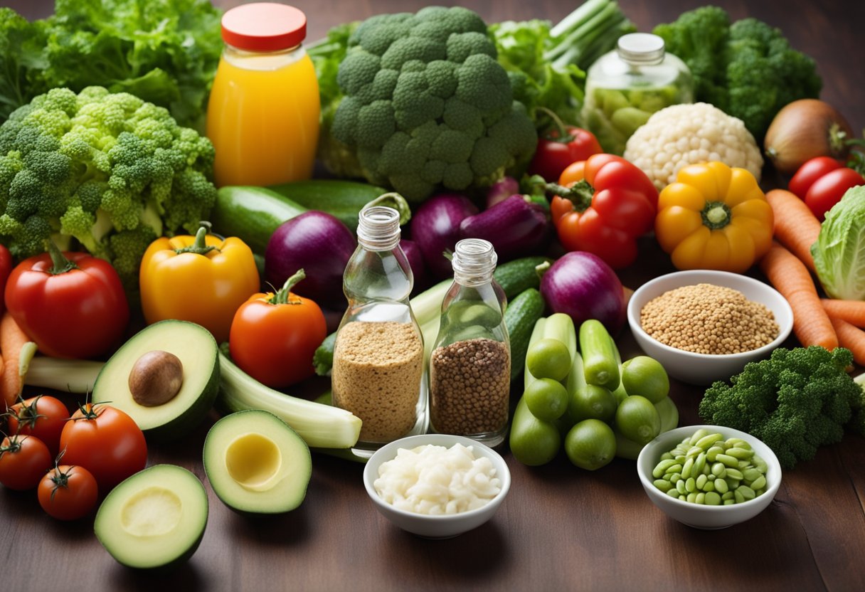 A colorful spread of fresh vegetables, lean proteins, and healthy fats arranged on a table, with a measuring tape and a water bottle nearby