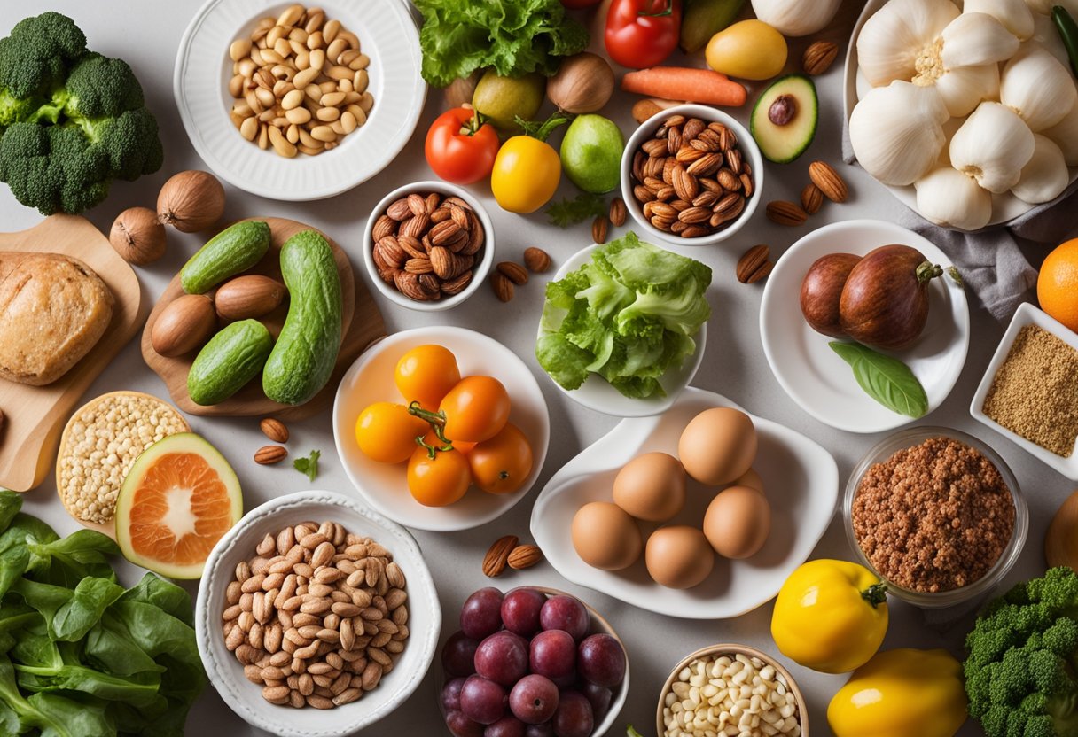 A colorful array of low carb foods, including vegetables, fruits, lean meats, and nuts, arranged on a table with a guidebook titled "Princípios Básicos da Dieta Low Carb Guia Completo" placed next to them