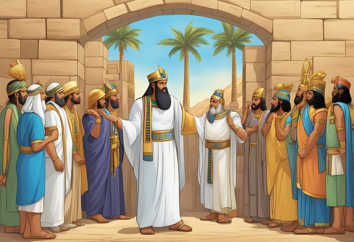 The Ten Commandments: God speaking, with Egypt in background, choosing between good and evil