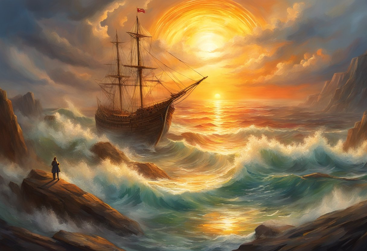 A bright sun rises over a stormy sea, as a broken bridge is rebuilt by determined hands, symbolizing the restoration of a healthy relationship after manipulation