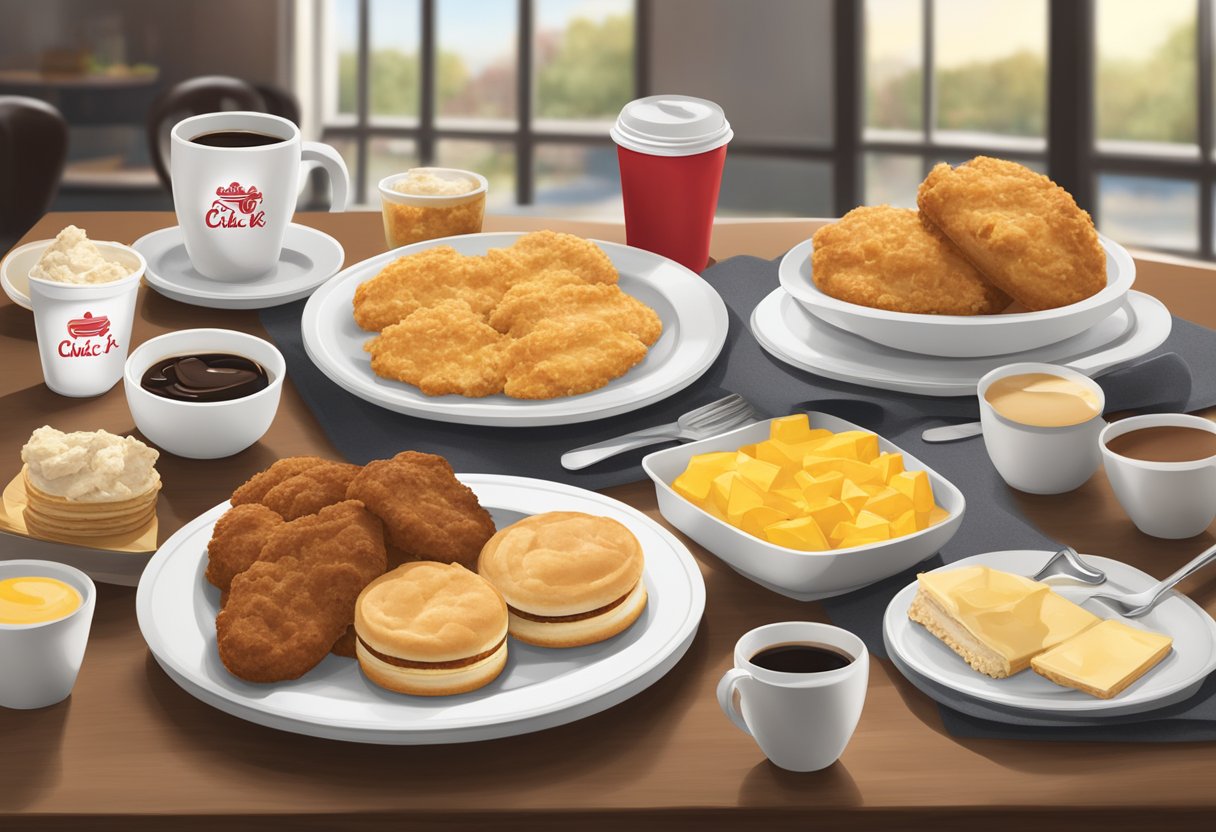 A table set with a variety of breakfast items from Chick-fil-A's menu, including biscuits, chicken, and coffee, with the iconic Chick-fil-A logo in the background