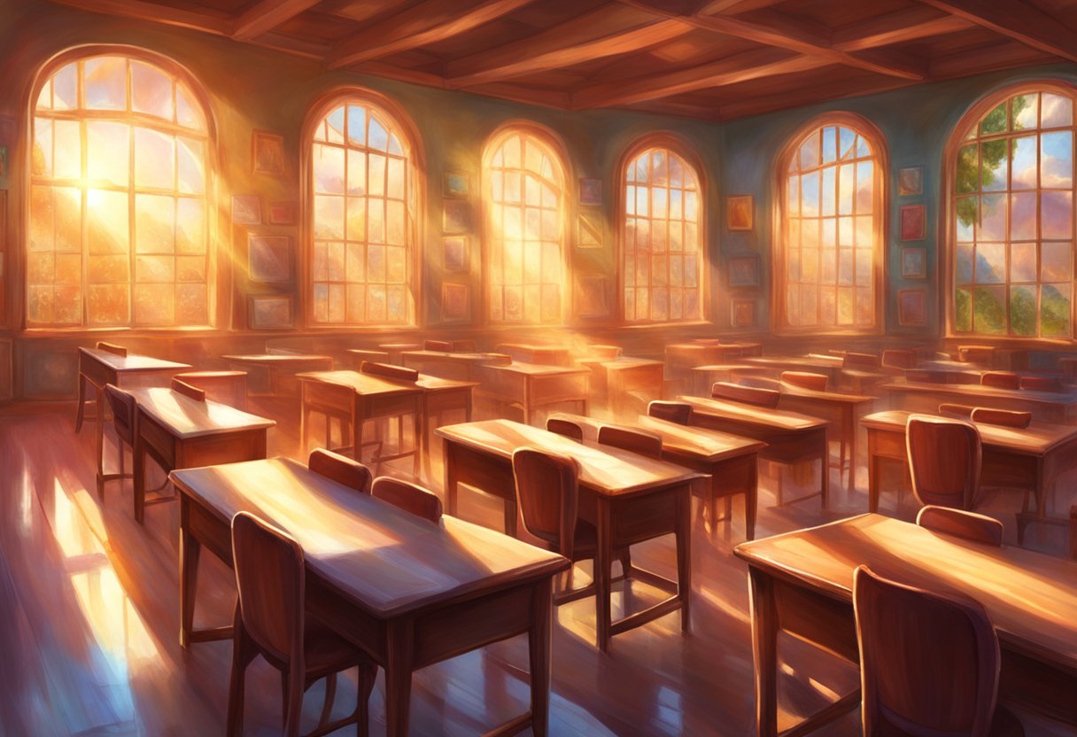 A classroom with desks arranged in rows, a chalkboard at the front, and sunlight streaming in through the windows