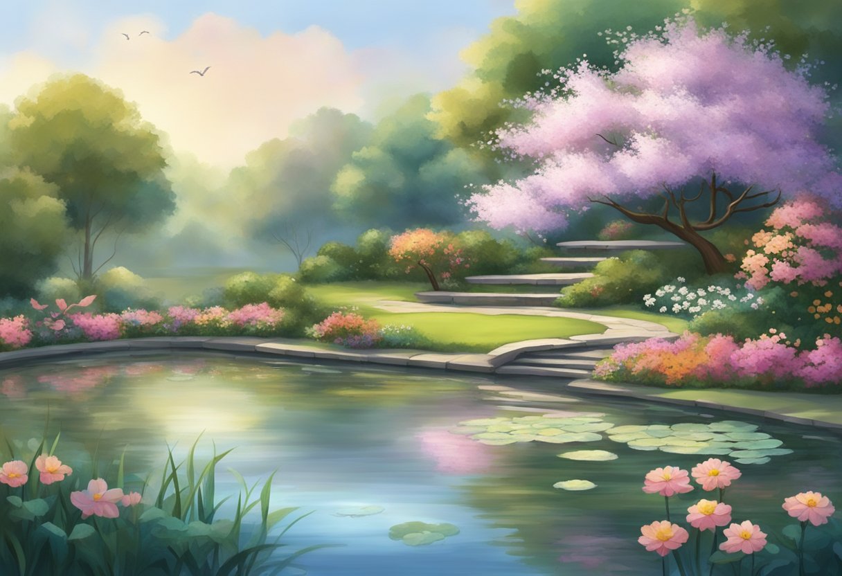 A serene garden with blooming flowers, a tranquil pond, and a gentle breeze, evoking a sense of spirituality and peace