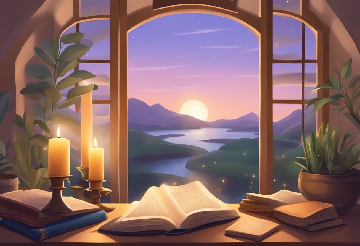 A serene, tranquil setting with open books, a glowing candle, and a gentle breeze, evoking a sense of curiosity and introspection