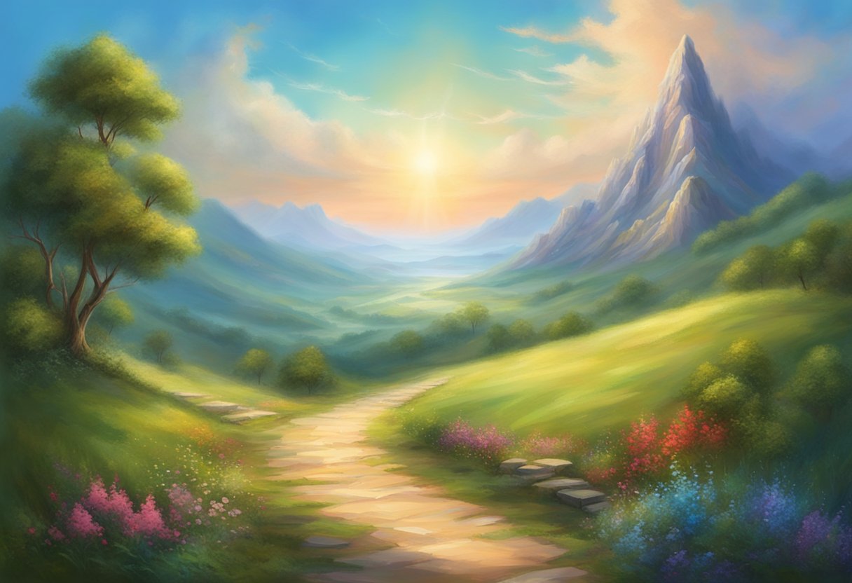 A serene landscape with a path leading towards a mountain, surrounded by lush greenery and a clear blue sky