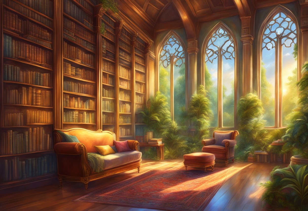 A serene nature library with towering bookshelves and lush greenery, bathed in soft sunlight filtering through the windows