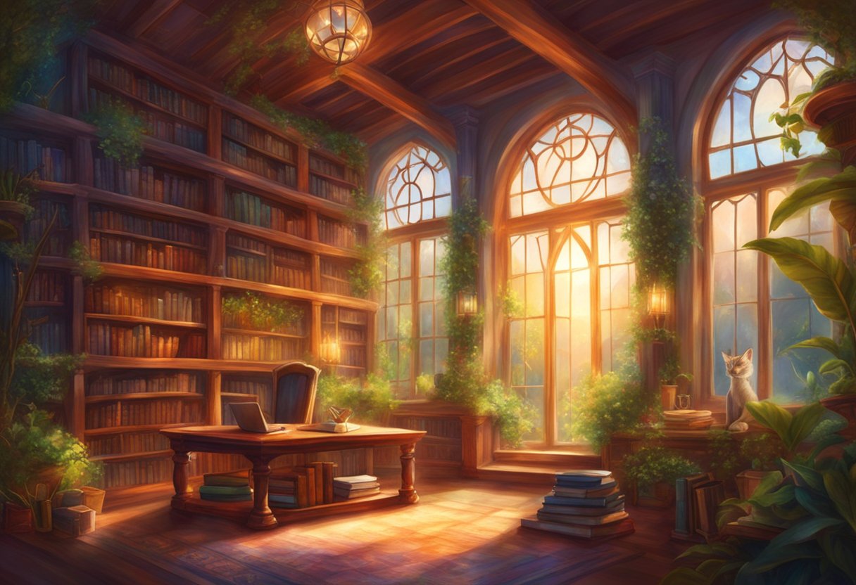 A cozy library with shelves of books, plants, and natural light streaming in through the windows