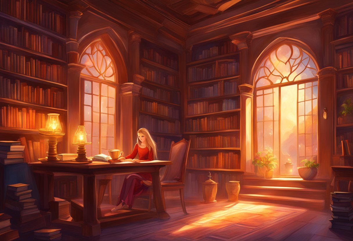 A cozy library with warm lighting, bookshelves filled with books, a comfortable reading nook, and a steaming cup of coffee on a table