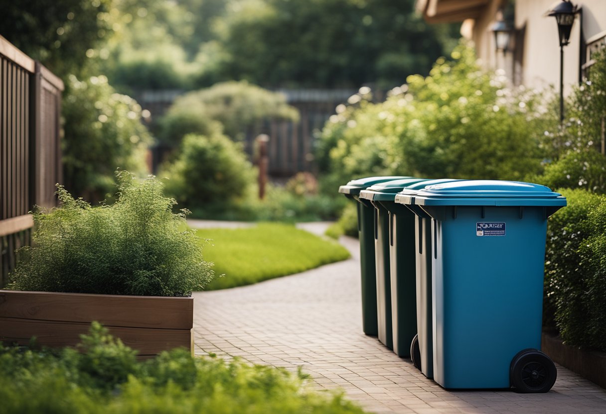 A tidy outdoor space with sealed trash bins, no standing water, and trimmed vegetation to prevent rats from entering the home