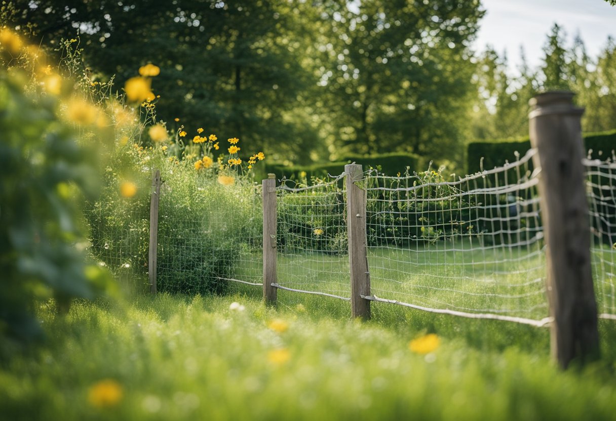 A garden with a fence and mesh netting to protect against deer. Trees, flowers, and vegetables are visible within the garden