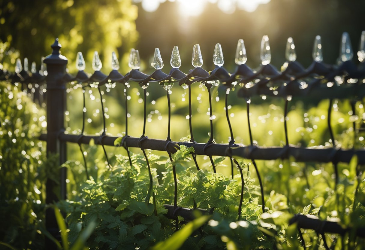 A tall fence surrounds a lush garden, with dense shrubs and thorny bushes planted along the perimeter. A motion-activated sprinkler system is installed to deter deer