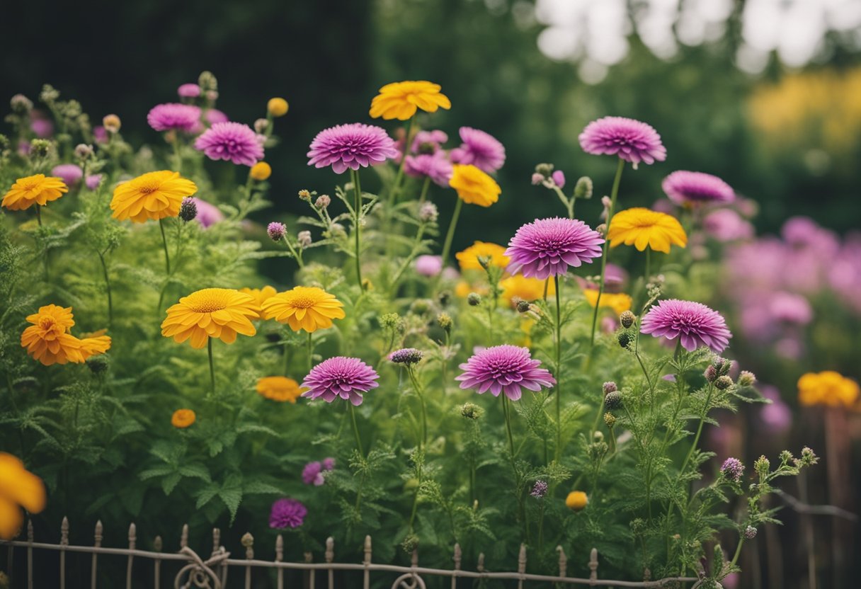 A garden filled with vibrant flowers and aromatic herbs, surrounded by a fence or barrier to deter deer