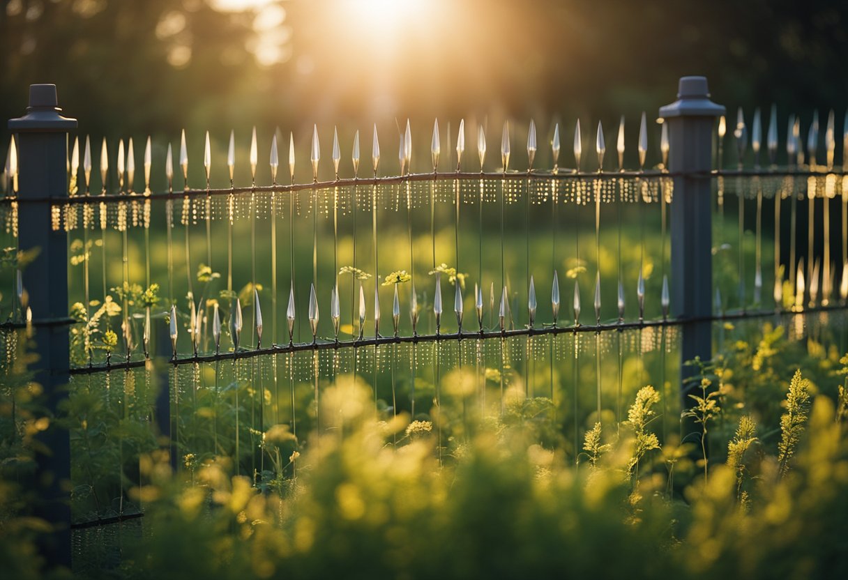 A garden surrounded by a tall fence with spikes, motion-activated sprinklers, and reflective tape to deter deer