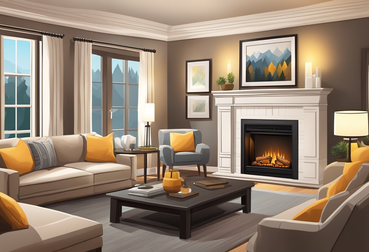 A cozy living room with a modern electric fireplace as the focal point, emitting a warm and inviting glow. Comfy seating and soft lighting add to the ambiance