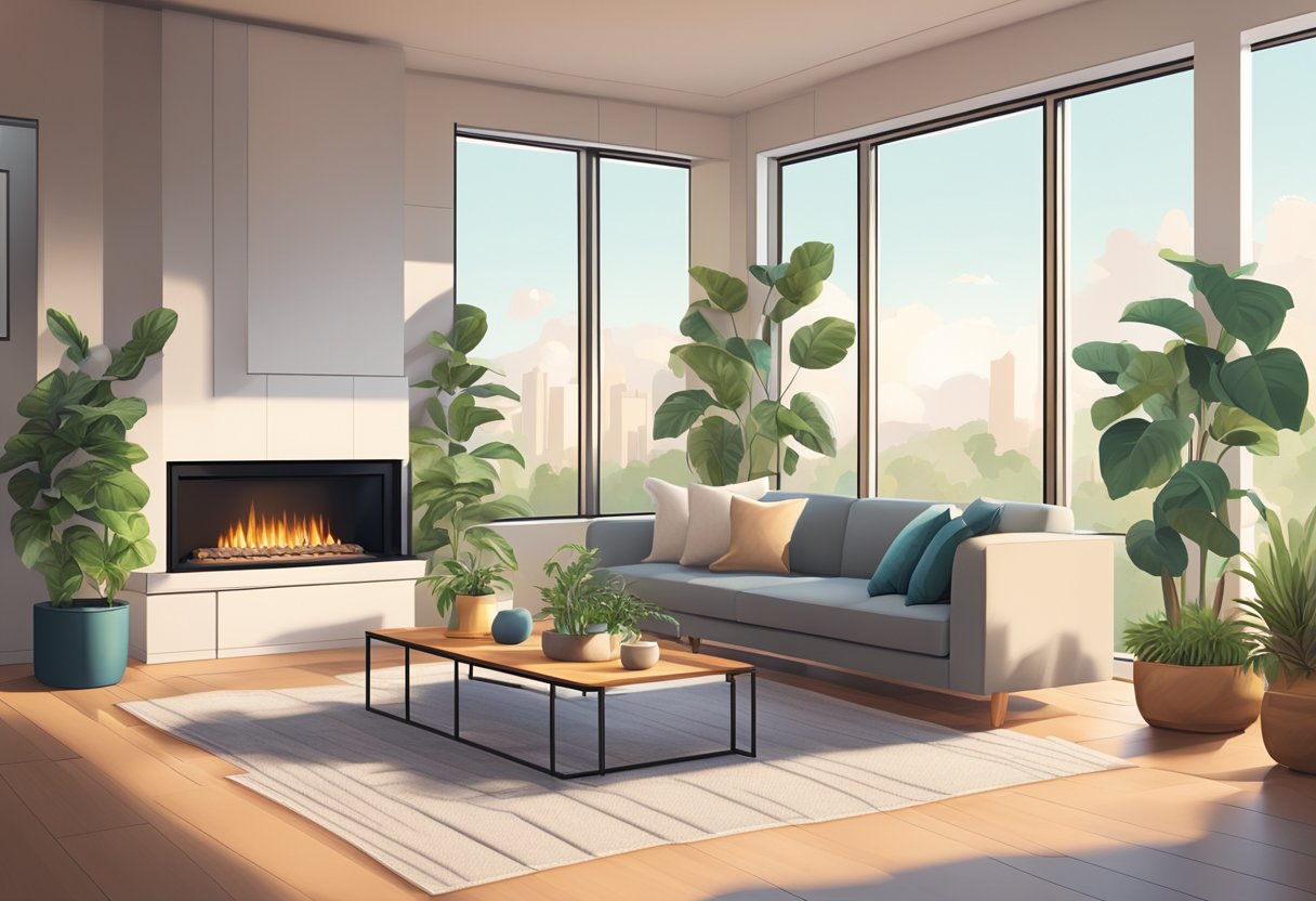 A cozy living room with a modern electric fireplace as the focal point. Natural light filters in through the windows, and potted plants add a touch of greenery to the space