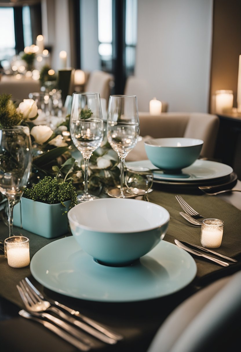 A beautifully set table with elegant dinnerware and sparkling glassware at Home2 Suites by Hilton Waco