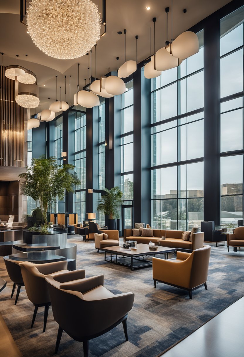 The hotel lobby features modern furnishings, a cozy fireplace, and a welcoming front desk. A spacious fitness center and indoor pool are visible through large windows